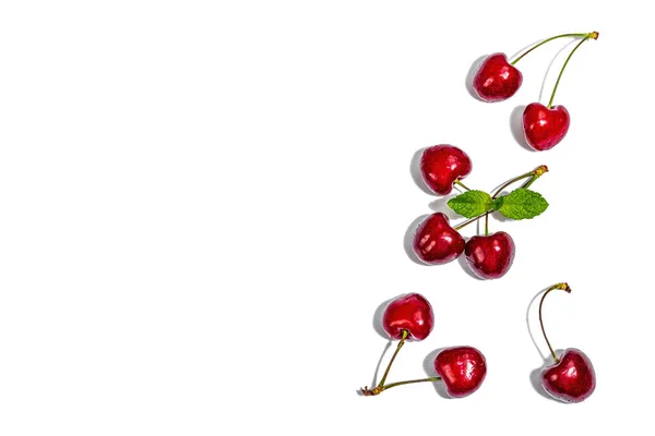 Ripe Sweet Cherries Fresh Mint Leaves Isolated White Background Traditional — 图库照片