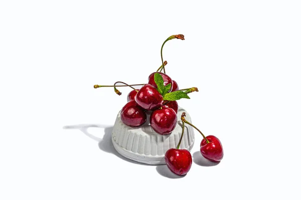 Ripe Sweet Cherries Fresh Mint Leaves Isolated White Background Trendy — 스톡 사진