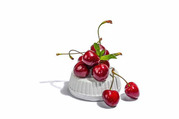 Ripe Sweet Cherries Fresh Mint Leaves Isolated White Background Trendy — Zdjęcie stockowe