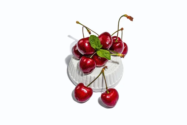 Ripe Sweet Cherries Fresh Mint Leaves Isolated White Background Trendy — 图库照片