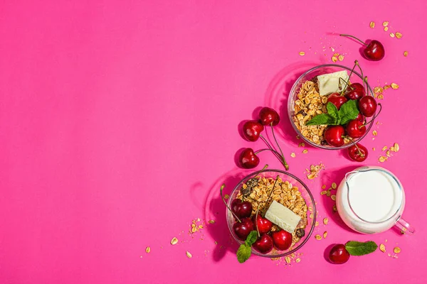 Summer Breakfast Concept Healthy Morning Food Ripe Cherries Milk White — Foto de Stock