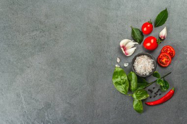 Mutfak vejetaryeni geçmişi. Taze sebzeler ve baharatlar. Acı biber, domates, sarımsak, defne yaprağı ve bir kasede deniz tuzu. Gri taş zemin, düz zemin, üst manzara