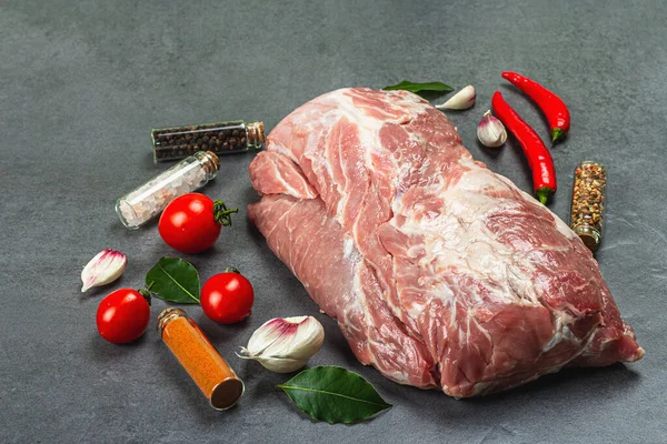 Raw Pork Loin Meat Spices Vegetables Grey Stone Background Traditional — Φωτογραφία Αρχείου