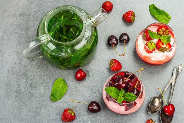 Delicious Italian Dessert Panna Cotta Sweet Cherry Sauce Strawberry Jam — Stock Photo, Image