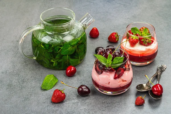 Delicious Italian Dessert Panna Cotta Sweet Cherry Sauce Strawberry Jam — Stock Photo, Image