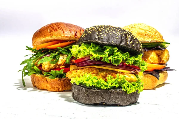 Set Homemade Fish Burgers Fresh Ingredients Ripe Vegetables Fast Food — Stockfoto
