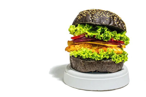Homemade Fish Burger Black Bun Fresh Ingredients Ripe Vegetables Fast — Stockfoto