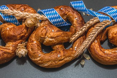 Oktoberfest concept - pretzels with traditional pattern ribbon and ears of wheat. A trendy hard light, dark shadow, black stone concrete background, close up
