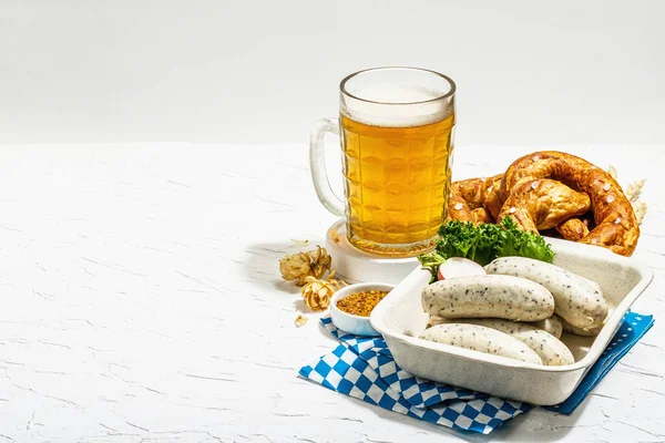 Traditional Oktoberfest Set Pretzels Beer Weisswurst Mustard German Festival Food — Stock Photo, Image