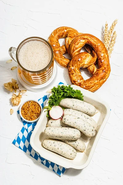 Traditional Oktoberfest Set Pretzels Beer Weisswurst Mustard German Festival Food — Stok fotoğraf