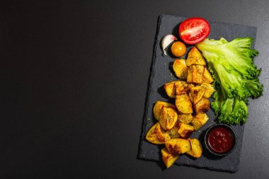 Soslu ve baharatlı vejetaryen fırında patates. Taze sebze ve salata yapraklı sağlıklı yiyecekler. Modaya uygun sert ışık, koyu gölge, siyah taş beton zemin, üst görünüm