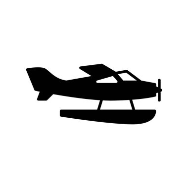 Hidrouçak kabartma simgesi. Maldivler hava taşımacılığı. Mercan adası. Egzotik tatil. Siyah doldurulmuş sembol. İzole vektör stok illüstrasyonu