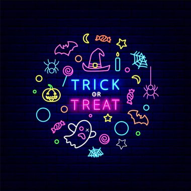 Daire çizimi neon ışıklı mutlu Cadılar Bayramı broşürleri. Şeker mi şaka mı? Gece aydınlığı tasarımı. Dış ışıldayan efekt afişi. Düzenlenebilir felç. İzole vektör stok illüstrasyonu