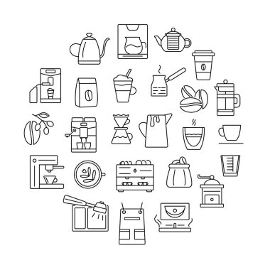 Barista ve kahve aksesuarları taslak simgelerle daire çiziyor. Kafe ekipmanları. Espresso yapıyorum. Kahve yapma aleti. Özelleştirilebilir doğrusal kontur sembolü. İzole vektör stok illüstrasyonu
