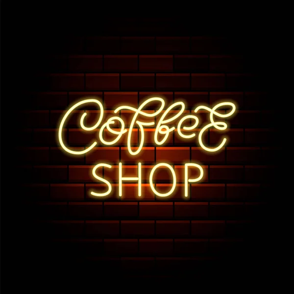 Koffie Winkel Neon Borstel Belettering Heldere Promotie Buitenste Gloeiende Effect — Stockvector