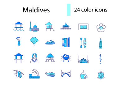 Maldivler adalarının ana hatları belirlendi. Meşhur manzaralar. Tropik tatil köyü. Büyük Harf Erkek. Renk dolu semboller koleksiyonu. İzole vektör stok illüstrasyonu