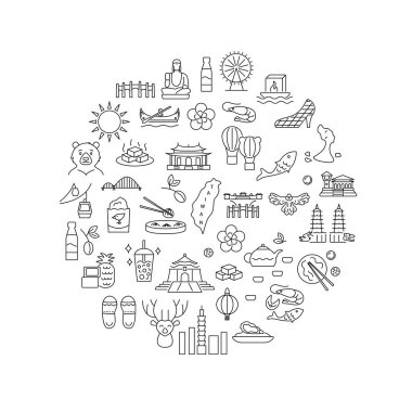 Taslak simgelerle Tayvan çember düzeni kültürü. Tayvan malı. Seyahat acentesi ve rehber için. Özelleştirilebilir semboller. İzole vektör stok illüstrasyonu