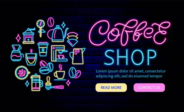 Koffie Winkel Neon Banner Met Cirkel Lay Out Een Heldere — Stockvector