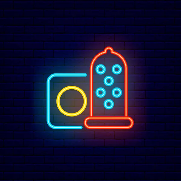 Condom and package neon icon. Sex shop. Night bright signboard. Editable stroke. Isolated vector illustration — Stock Vector