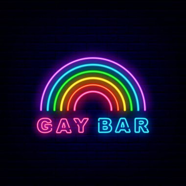 Duvarda gökkuşağı resmi olan gay bar logosu. Homoseksüellik kavramı. Gece lambası. Dış ışıldayan efekt posteri. Düzenlenebilir felç. İzole vektör stok illüstrasyonu
