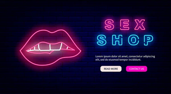 Sex Shop Flyer Neon Bitting Lips Sign Night Bright Promotion — Stock Vector