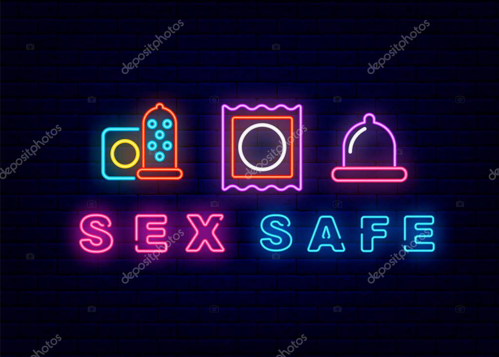 Sex safe with condom neon banner on brick wall background. Intimate store logo. Night bright logo. Outer glowing effect banner. Editable stroke. Isolated vector stock illustration