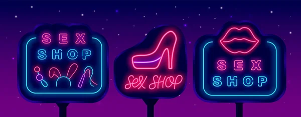 Neon Embleme Von Sexshops Auf Straßenbannern Neonschrift Laden Für Erwachsenenspielzeug — Stockvektor
