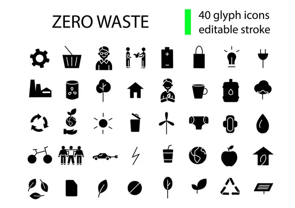 Noll Avfall Glyf Ikoner Insamling Jordföroreningar Rädda Planeten Grönt Konceptuell — Stock vektor
