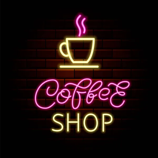 Koffie Winkel Neon Borstel Belettering Heldere Promotie Buitenste Gloeiende Effect — Stockvector