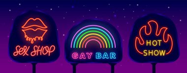 Sokak afişlerinde neon amblemler var. Gay bar ve ateşli şov. Neon harfler. Gece ışığı işareti. Dış parlama efekti reklam panosu. Düzenlenebilir felç. İzole vektör stok illüstrasyonu