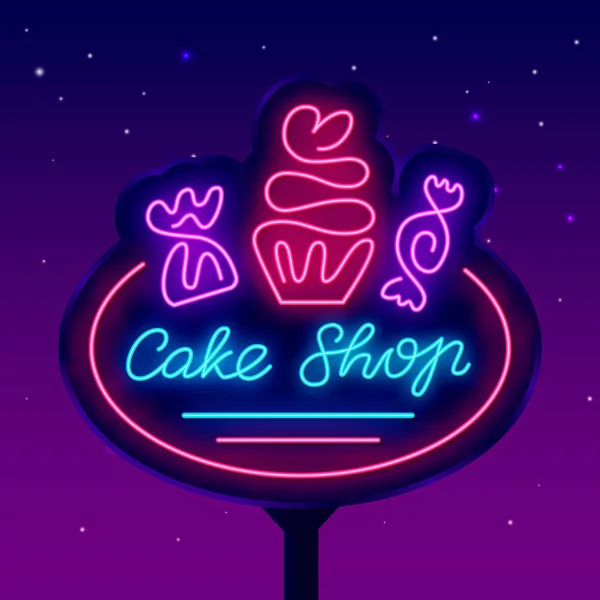 Taartenwinkel Neon Bord Straatreclamebord Voor Snoepwinkel Zoete Bar Cupcake Lolly — Stockvector