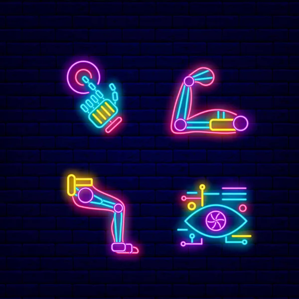 Cyberpunk Neon Icons Set Digital Eye Exoskeleton Robot Hand Night — Stock Vector