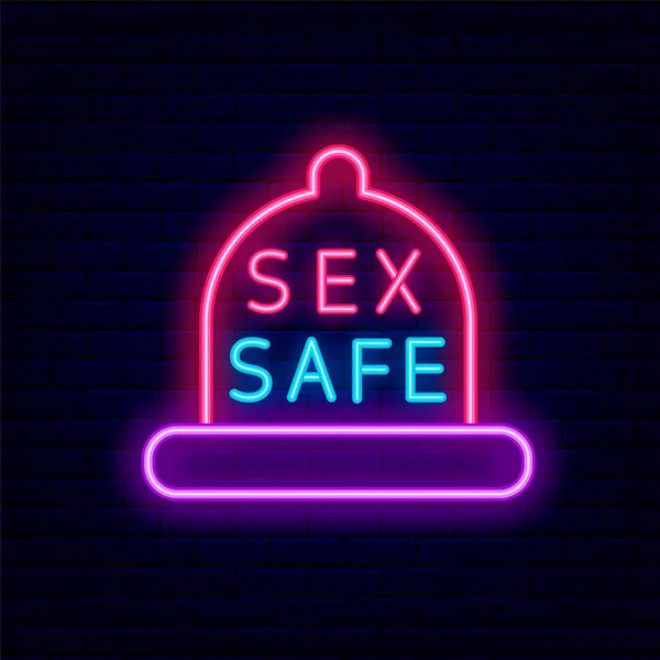 Sex Safe Neon Sign Dengan Bingkai Kondom Dinding Bata Latar - Stok Vektor