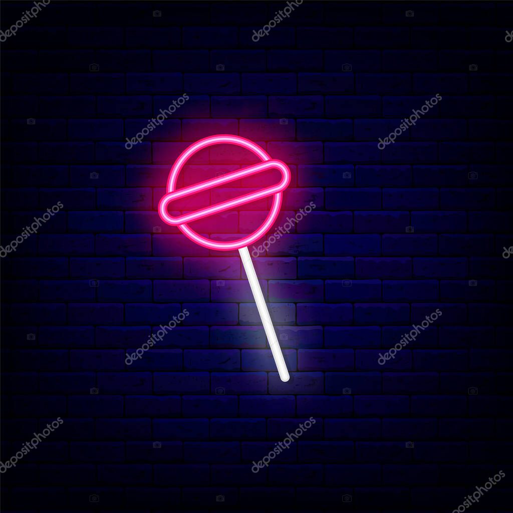 Lollipop candy neon sign. Sweet bar. Cake store. Night bright emblem. Outer glowing effect logo. Editable stroke. Isolated vector stock illustration
