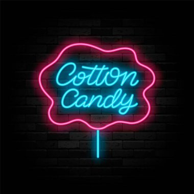 Pamuk helva neon harfleri. Tatlı dükkan logosu. Pasta dükkanı. Gece parlayan amblemi. Dış ışıldayan efekt afişi. Düzenlenebilir felç. İzole vektör stok illüstrasyonu