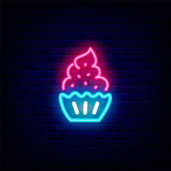 Cupcake Neon Icoon Bakkerij Logo Lichtgevend Etiket Buitenste Gloeiende Effect — Stockvector
