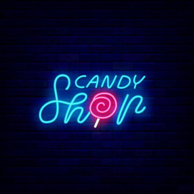 Şekerci dükkanı tabelası. Güzel bar. Lolipop. Gece aydınlığı logosu ve terfi. Kafe tabelası. Dış parlama efekti amblemi. Düzenlenebilir felç. İzole vektör stok illüstrasyonu