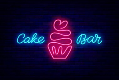 Pasta çubuğu neon etiketi. Kek ikonu. Güzel bar. Bir çizgi. Gece aydınlığı logosu ve terfi. Dış ışıldayan efekt afişi. Düzenlenebilir felç. İzole vektör stok illüstrasyonu