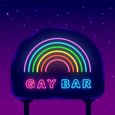 Gökkuşağı sokak reklam panosu olan gay bar logosu. Homoseksüellik kavramı. Gece lambası. Dış ışıldayan efekt posteri. Düzenlenebilir felç. İzole vektör stok illüstrasyonu