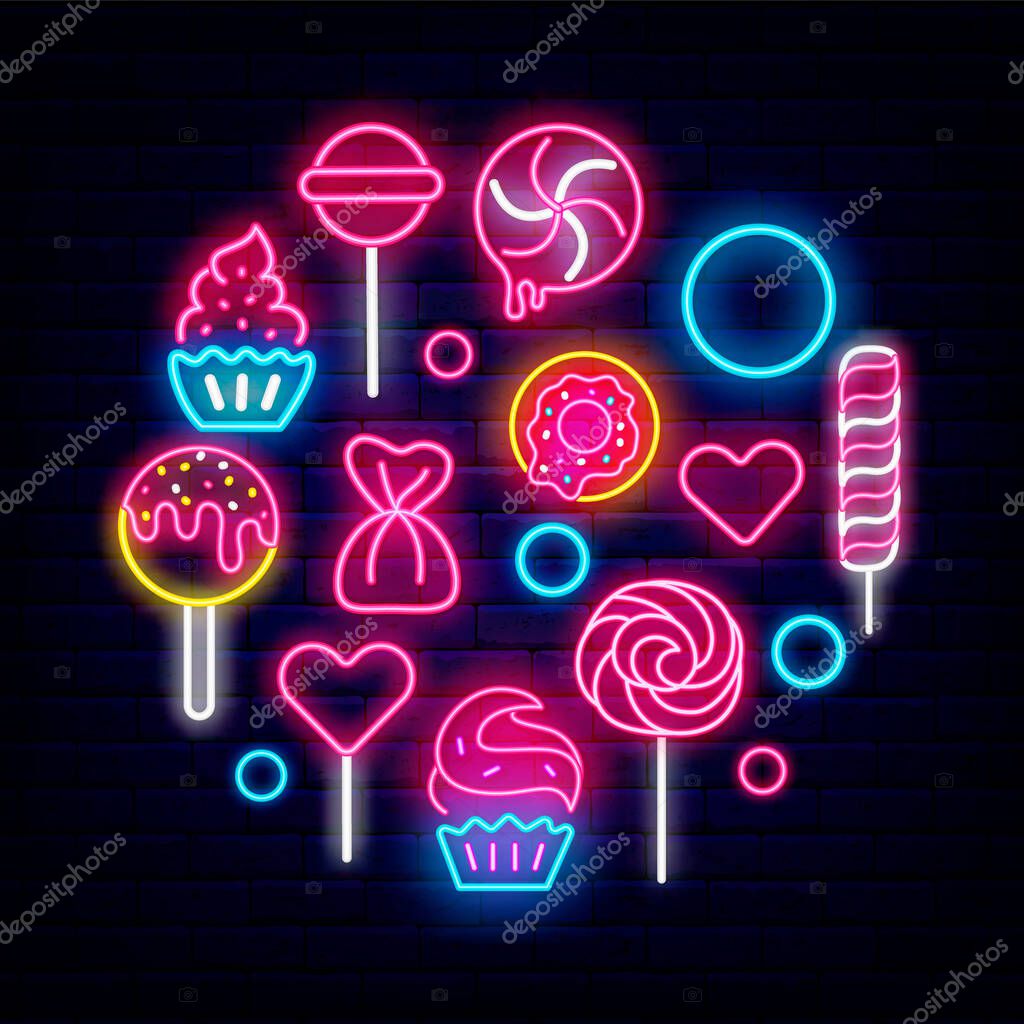 Sweets neon circle layout. Candy shop shiny logo. Cupcake. Cake pop and donut. Bakery emblem. Luminous label. Night bright signboard on brick wall. Vector stock illustration