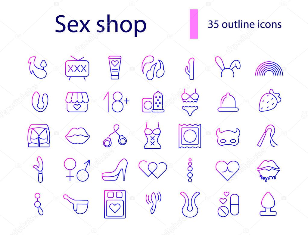 Sex shop outline icons set. Adult toys. Purple gradient symbols collection. Isolated vector stock illustration