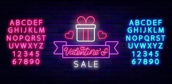 Venta San Valentín Letrero Neón Con Alfabeto Publicidad Ligera Con — Vector de stock