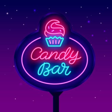 Neon harfli sokak afişi. Tatlı dükkan etiketi. Kek ikonu. Fırın logosu. Parlak bir işaret. Dış ışıldayan efekt afişi. Düzenlenebilir felç. İzole vektör illüstrasyonu