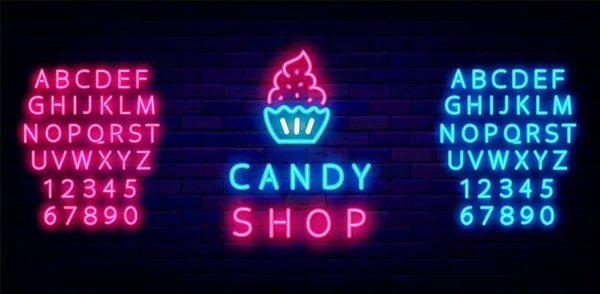糖果店的霓虹灯上有字母表 Cupcake图标 面包店的标志 长标签 外发光效果横幅 夜色明亮的徽章可编辑的中风 孤立的病媒存量说明 — 图库矢量图片