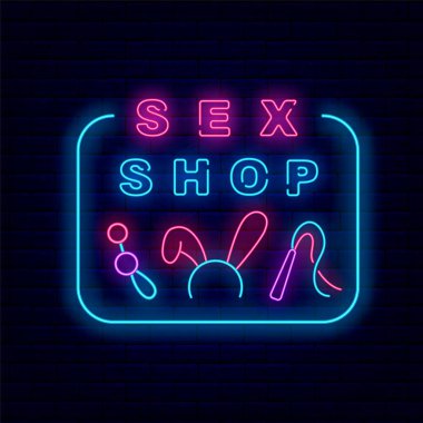 Duvarın arkasında neon levha var. Yetişkin oyuncakları. Cinsel aksesuarlar. Gece parlayan amblemi. Dış ışıldayan efekt posteri. Düzenlenebilir felç. İzole vektör stok illüstrasyonu