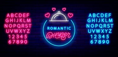 Kafe ve restoran için romantik yemek tabelası. Randevu logosu. Alfabeyle Sevgililer Günün kutlu olsun. Dış ışıldayan efekt afişi. Parlak etiket. Düzenlenebilir felç. İzole vektör stok illüstrasyonu