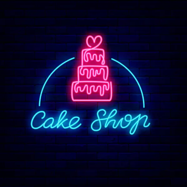 Tårta Butik Neon Etikett Trevlig Bar Ritning Natt Ljus Logotyp — Stock vektor