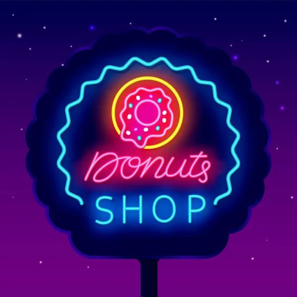 Donuts Butik Neon Street Skylt Bageriets Logotyp Trevligt Ställe Natt — Stock vektor