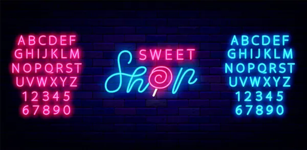 Sweet Shop Letrero Neón Barra Caramelo Con Alfabeto Piruleta Logotipo — Vector de stock
