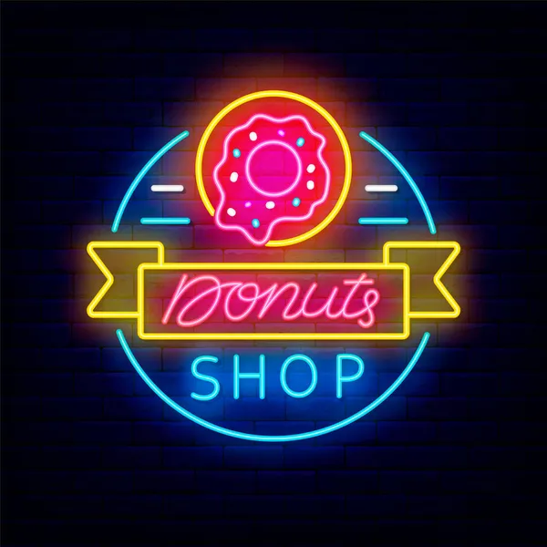 Donuts Butik Neon Skylt Emblem För Bageri Trevlig Bar Natt — Stock vektor